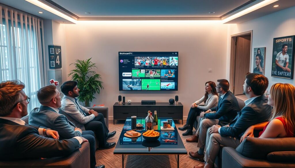 A vibrant and immersive scene showcasing "Ottocean IPTV" live sports streaming coverage. In the foreground, a diverse group of professionally dressed viewers, including men and women of various ethnicities, sit on a stylish couch, engrossed in watching an exciting sports event on a modern flat-screen TV displaying dynamic action. The middle ground features sports memorabilia and a sleek coffee table with snacks and drinks, radiating a sense of camaraderie. In the background, a wall-mounted screen displays the Ottocean IPTV interface with various sports channels. The room is illuminated with soft ambient lighting, creating a cozy yet energetic atmosphere. The overall composition should evoke enthusiasm and engagement with live sports, emphasizing the reliability and excitement of bluefireiptv.com for streaming in 2026.