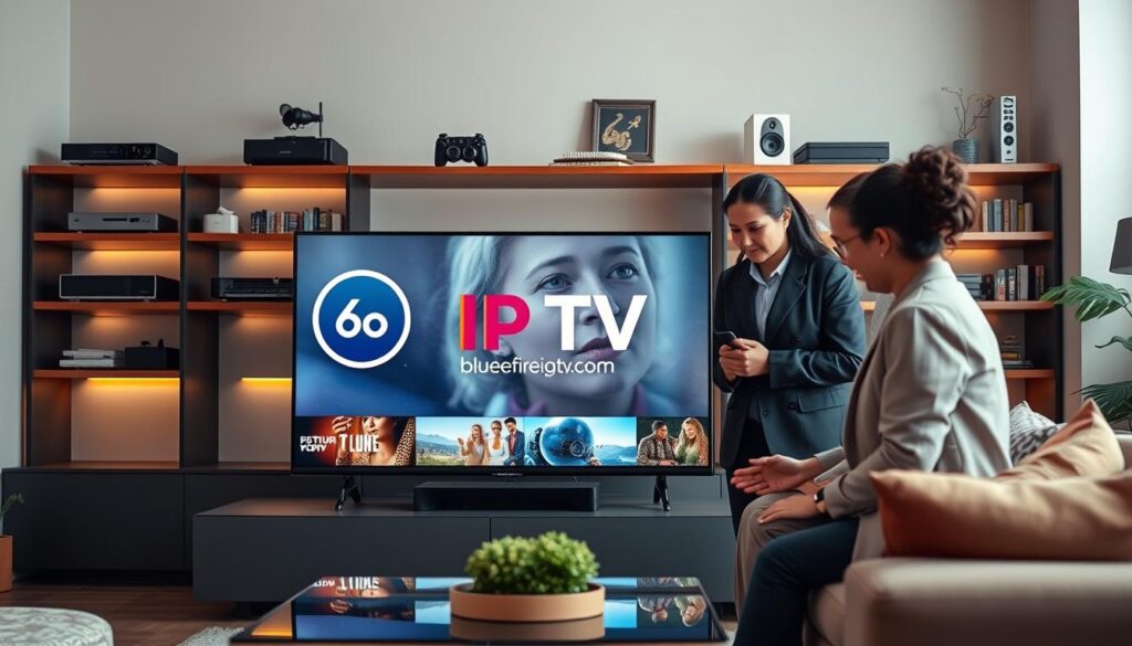 A vibrant and modern digital living room setting as the foreground, showcasing a sleek smart TV displaying the IPTV GE logo and streaming content. In the middle-ground, a diverse group of three people in professional business attire are engaging with the TV, expressing interest as they discuss various streaming options, emphasizing collaboration and technology. The background features shelves with entertainment gadgets, books, and subtle LED lights that add a warm ambience. Use soft, natural lighting to create a cozy yet tech-savvy atmosphere, captured from a slight angle that showcases all elements harmoniously. Integrate the brand name "bluefireiptv.com" subtly into the TV display without being overly prominent, ensuring the focus remains on the IPTV theme. A vibrant and modern digital living room setting as the foreground, showcasing a sleek smart TV displaying the IPTV GE logo and streaming content. In the middle-ground, a diverse group of three people in professional business attire are engaging with the TV, expressing interest as they discuss various streaming options, emphasizing collaboration and technology. The background features shelves with entertainment gadgets, books, and subtle LED lights that add a warm ambience. Use soft, natural lighting to create a cozy yet tech-savvy atmosphere, captured from a slight angle that showcases all elements harmoniously. Integrate the brand name "bluefireiptv.com" subtly into the TV display without being overly prominent, ensuring the focus remains on the IPTV theme.
