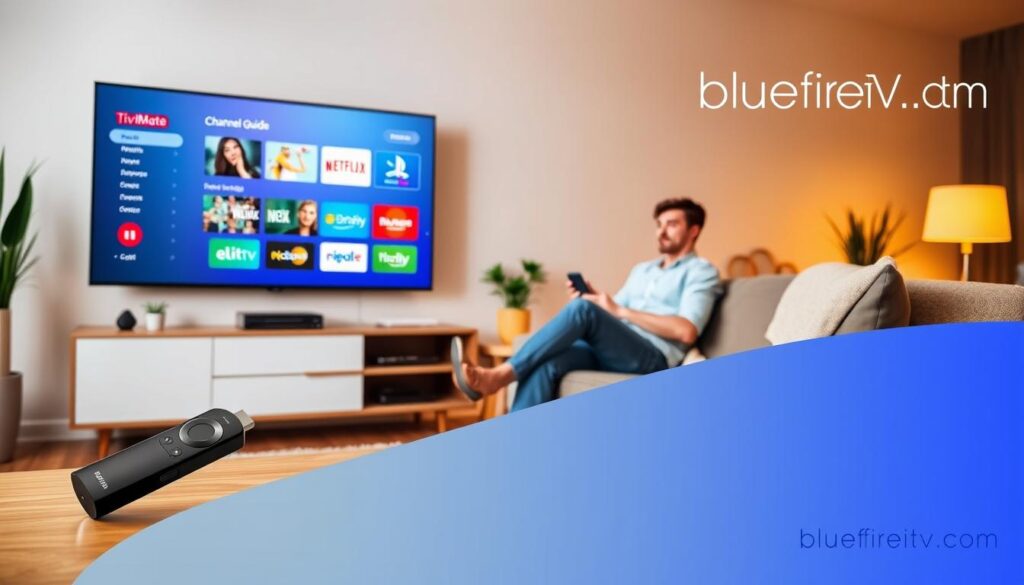 A vibrant and modern living room scene showcasing a large flat-screen TV displaying TiviMate's interface, highlighting features like an intuitive user interface and channel guide. In the foreground, a sleek remote control rests on a stylish coffee table. In the middle, a comfortable couch with a relaxed person in smart-casual attire using a Firestick. The background features soft lighting creating a warm, inviting atmosphere, with decorative elements like plants and a cozy throw blanket. A subtle branding element, "bluefireiptv.com," is integrated into the scene as part of the decor. The image should evoke a sense of ease and enjoyment in using TiviMate, ideal for Android and Fire TV users.