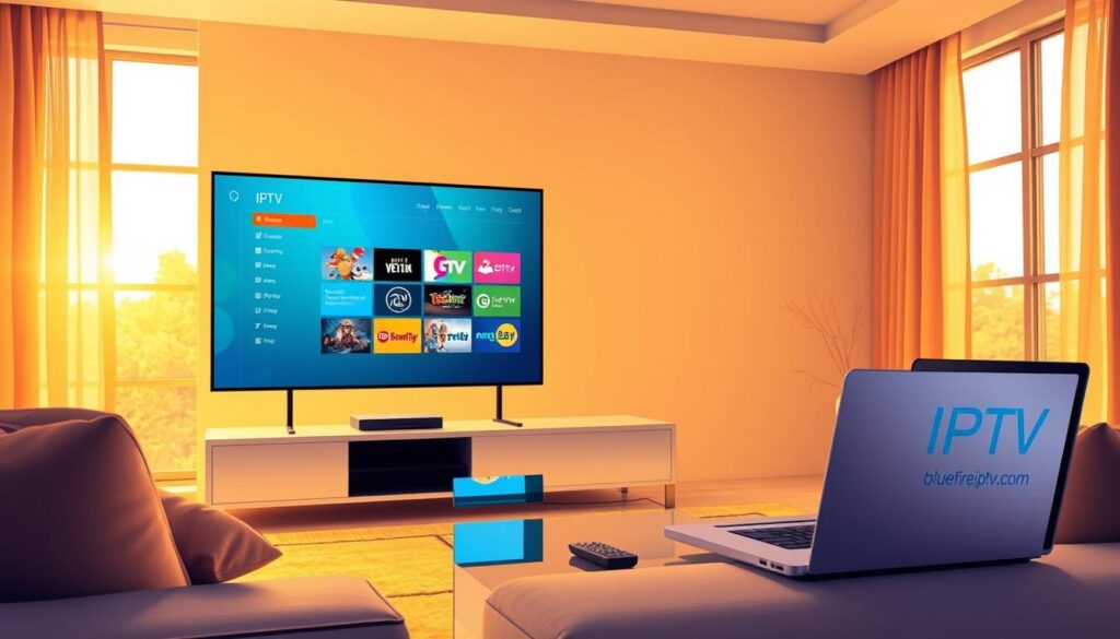 A vibrant and striking illustration depicting "IPTV Gold Streaming Quality." In the foreground, a sleek, modern living room with a high-definition TV displaying a dynamic IPTV interface, showcasing streaming options. The middle ground features a stylish coffee table with a remote control and a laptop open to the website bluefireiptv.com. The background consists of large windows allowing warm, natural light to fill the room, with soft curtains billowing gently. Soft lighting casts a cozy, inviting atmosphere, emphasizing a premium viewing experience. The overall mood is relaxed yet modern, conveying sophistication and the joy of entertainment through IPTV. An angle from the side captures the entire setting, highlighting the focus on the TV screen and the user-friendly interface.