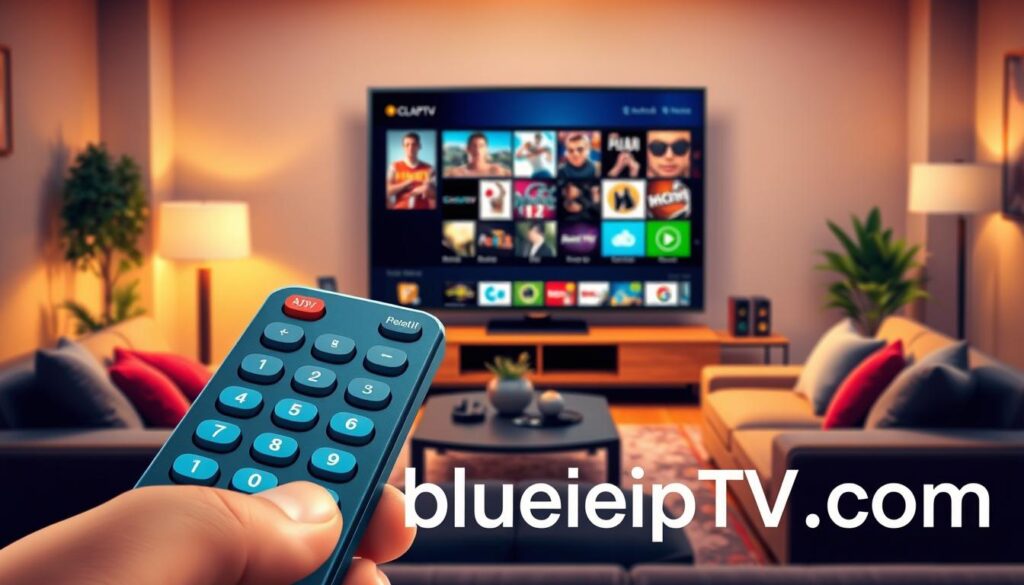 A vibrant and visually engaging illustration showcasing the unique features of Cola IPTV. In the foreground, display a modern, sleek remote control highlighting its intuitive buttons and user-friendly design. The middle ground features a large flat-screen television displaying an array of colorful icons representing different streaming genres like movies, sports, and documentaries. Emphasize high-definition quality with clear details. In the background, a cozy living room setting with comfortable couches and soft lighting creates an inviting atmosphere. The scene conveys a sense of ease and enjoyment in streaming content. Use soft, warm lighting to emphasize comfort and a relaxed mood. Ensure the brand name "bluefireiptv.com" is subtly integrated into the design without text overlay.