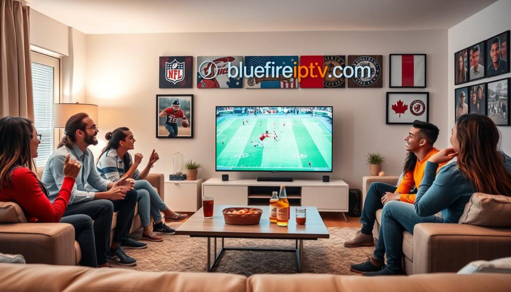 A vibrant living room scene highlighting the joy of streaming sports through IPTV. In the foreground, a diverse group of friends, dressed in casual but neat clothing, are excitedly watching a live sports game on a large flat-screen TV. Their expressions show engagement and enthusiasm. In the middle ground, a modern coffee table is adorned with snacks and drinks, emphasizing a casual, friendly atmosphere. In the background, a stylish, well-lit room with sports memorabilia, featuring images of iconic US and Canadian teams, enhances the theme of sports fandom. Soft ambient lighting evokes a warm and inviting mood, ideal for a gathering. Prominently display a digital banner with "bluefireiptv.com" around the TV area to connect to affordable IPTV services for sports enthusiasts.