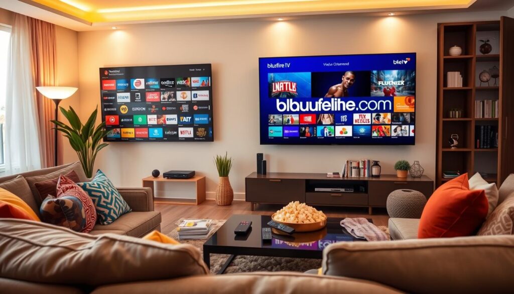 A vibrant living room scene showcasing a large flat-screen television displaying an extensive channel lineup and a vast Video-On-Demand (VOD) library. In the foreground, a comfortable sofa is adorned with colorful cushions, with a stylish coffee table displaying various remote controls and popcorn. The middle ground features a wall with an elegant entertainment unit holding streaming devices and books about various show genres. The background reveals a cozy ambiance enhanced by warm lighting and soft decorative elements like plants and artwork that suggest relaxation and entertainment. The atmosphere is inviting and family-friendly, perfect for a movie night or casual viewing. On the television screen, the logo "bluefireiptv.com" is visible, blending seamlessly with the diverse content displayed.