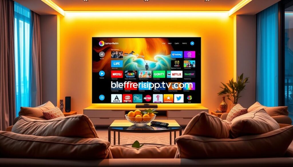 A vibrant, modern living room setting with a sleek, large flat-screen TV displaying a vivid streaming interface for Lemon Realm IPTV, featuring a variety of colorful channels. In the foreground, a comfortable sofa with stylish cushions invites viewers to relax. In the middle ground, a small coffee table holds a bowl of fresh lemons and a remote control, symbolizing the Lemon Realm brand. The background features soft ambient lighting, creating a cozy and inviting atmosphere, with warm yellow hues highlighting the scene. Utilize a wide-angle perspective for a spacious feel, evoking a sense of comfort and enjoyment in the streaming experience. The brand name "bluefireiptv.com" subtly integrated into the screen interface, without any distracting text overlays.