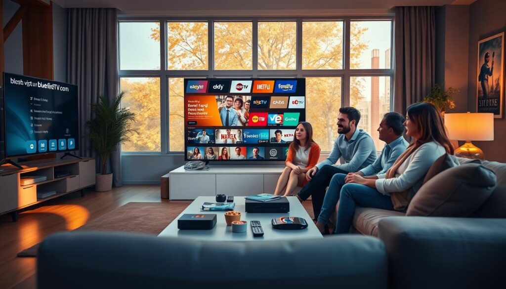 A vibrant, modern living room with a sleek television displaying the "bluefireiptv.com" interface, showcasing its IPTV features. In the foreground, a family of four, dressed in casual but professional attire, sit comfortably on a stylish sofa, engaged in watching diverse content. The middle ground highlights a coffee table with streaming devices, remote controls, and snacks, creating a cozy atmosphere. In the background, large windows let in warm, natural light, enhancing the inviting ambiance. The overall mood is relaxed yet engaging, emphasizing the joy of family entertainment and the convenience of IPTV. Soft shadows add depth, while the focus on the TV screen draws attention to the IPTV interface, reflecting quality and innovation.