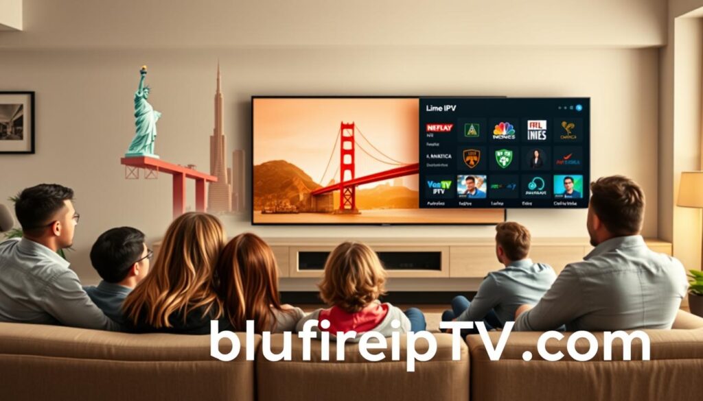 A vibrant, visually engaging scene depicting a modern living room with a sleek television showcasing the Lime IPTV interface, highlighting accessible streaming options. In the foreground, a diverse group of individuals, dressed in smart casual clothing, sits on a comfortable couch, intently watching a program. The middle layer features prominent elements of North American culture, such as iconic landmarks like the Statue of Liberty and the Golden Gate Bridge subtly integrated into the background, suggesting global access. Soft, warm lighting enhances the cozy atmosphere, while a wide-angle perspective captures the room's depth, inviting viewers into this immersive IPTV experience. The brand "bluefireiptv.com" is creatively incorporated into the TV screen design without text overlays, blending naturally into the scene.
