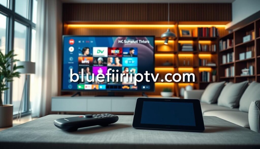 A visual representation of the key features of IPTV player apps, centered around a modern, sleek user interface displayed on a large screen, showcasing vibrant thumbnails of various channels and video content. In the foreground, smart devices like a remote control and tablet are placed on a stylish coffee table. The middle ground features a cozy living room with plush seating and ambient lighting that creates a warm, inviting mood. The background reveals a stylish bookshelf filled with tech gadgets and books about media streaming. The image conveys a sense of modern entertainment technology, focusing on the user-friendly aspect of IPTV apps. Incorporate the brand name "bluefireiptv.com" subtly integrated into the design elements of the screen. Use soft lighting and a slightly elevated angle to enhance the scene's professionalism and appeal.