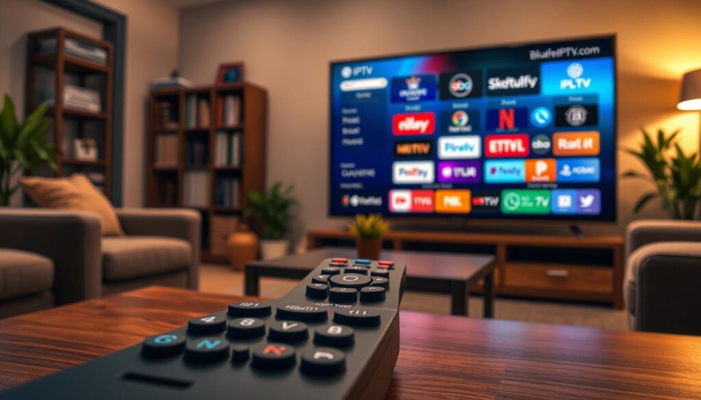 A visually appealing and informative illustration encapsulating the concept of "IPTV Streaming Options." In the foreground, depict a sleek remote control with buttons labeled for popular streaming services, positioned on a modern living room coffee table, emphasizing user accessibility. The middle ground features a high-definition TV displaying a vibrant interface filled with colorful icons of various IPTV channels, including logo elements reminiscent of bluefireiptv.com, suggesting a diverse range of viewing choices. In the background, a cozy living room setting, softly lit with warm lighting, includes a bookshelf and potted plants, creating an inviting atmosphere. The angle should be slightly elevated, capturing the entire scene in an inviting, engaging way, promoting a sense of trust and comfort in IPTV services.