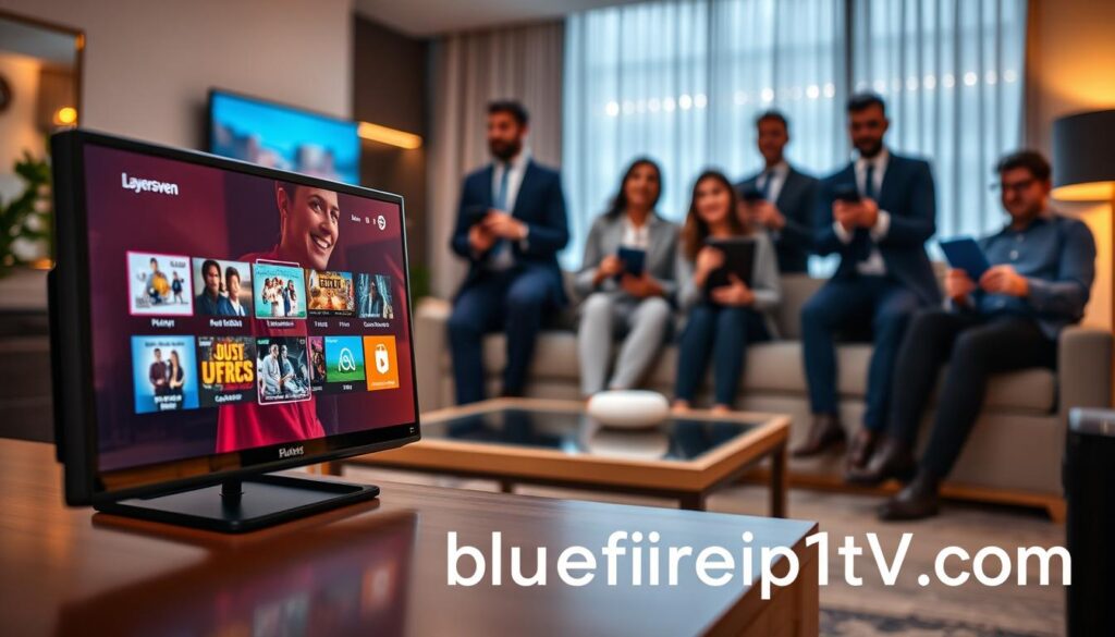 A visually appealing and informative overview of the benefits of Layerseven IPTV service, designed for a digital article section titled "Pros of Layerseven IPTV." In the foreground, depict a digital device showcasing a vibrant IPTV interface with various channels highlighted, exuding a sense of choice and variety. In the middle ground, illustrate a diverse group of viewers, dressed in professional business attire, engaged in watching IPTV on their devices, radiating satisfaction and enjoyment. The background should feature a modern living room setting with soft, warm lighting and sleek furniture, creating an inviting atmosphere. Use a subtle bokeh effect to soften the background while maintaining focus on the foreground elements. The overall mood should convey excitement and reliability, with an emphasis on quality service. Include the brand name "bluefireiptv.com" subtly integrated into the design, ensuring no text overlays disrupt the image composition.