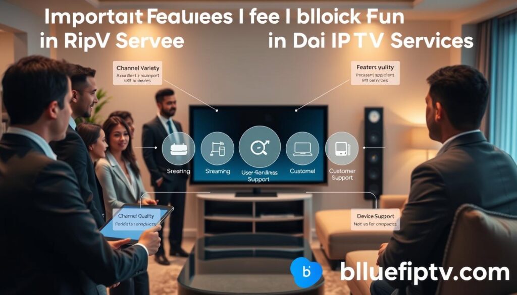 A visually appealing infographic showcasing the "Important Features I Look For in Paid IPTV Services." In the foreground, depict a diverse group of people in business attire, discussing and evaluating IPTV features on a large touchscreen display. In the middle, highlight icons representing key features like channel variety, streaming quality, user-friendliness, customer support, and device compatibility. In the background, create a modern home entertainment environment with a large TV and comfortable seating. Soft, warm lighting should enhance the scene to evoke a sense of professionalism and engagement. The atmosphere is informative yet inviting, reflecting the importance of choosing the right IPTV service. Additionally, incorporate the brand name "bluefireiptv.com" subtly within the design.