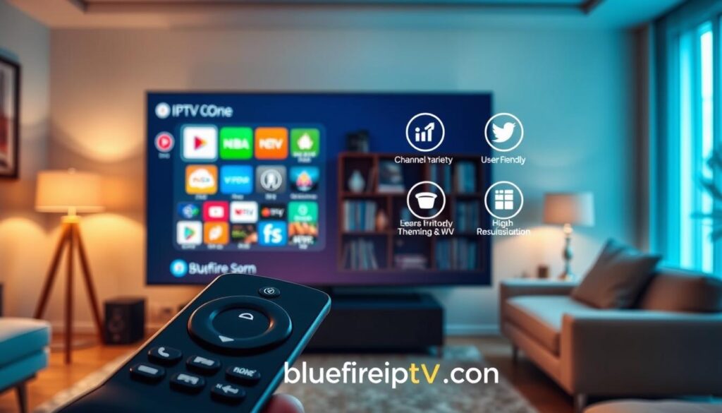 A visually appealing overview of "IPTV One" as the best IPTV player for Firestick, featuring a sleek, modern interface on a large TV screen in a cozy, contemporary living room setting. In the foreground, display a remote control with intuitive buttons and vibrant icons representing various channels and features. In the middle background, include a stylish sofa and a decorative bookshelf, enhancing a warm, inviting atmosphere. Soft, ambient lighting casts a welcoming glow throughout the space, implying relaxation and enjoyment. A subtle digital overlay on the TV highlights unique features like channel variety, user-friendly navigation, and high-resolution streaming, all underlined by the brand name "bluefireiptv.com." The perspective should be slightly angled from the side, capturing both the TV screen and the inviting room, conveying a sense of modern technology enhancing home entertainment.