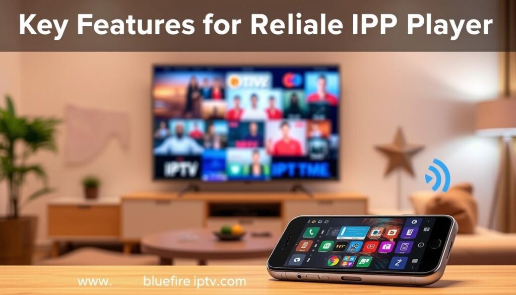 A visually engaging and informative image showcasing "Key Features for Reliable IPTV Player". In the foreground, display a sleek smartphone with an open IPTV app interface, featuring vibrant icons representing key functionalities like user-friendly navigation, diverse channel selection, and adaptive streaming quality. In the middle ground, illustrate a cozy living room setting, with a modern TV displaying vibrant streaming content, emphasizing ease of use and entertainment. The background should feature warm ambient lighting, creating a welcoming atmosphere, with soft-focus elements like a couch and decorative plants. Include subtle details indicating technology, such as Wi-Fi signals or streaming indicators. Ensure a professional aesthetic that aligns with the brand "bluefireiptv.com". Use a natural angle that captures both the device and the environment harmoniously, evoking a sense of reliability and enjoyment. A visually engaging and informative image showcasing "Key Features for Reliable IPTV Player". In the foreground, display a sleek smartphone with an open IPTV app interface, featuring vibrant icons representing key functionalities like user-friendly navigation, diverse channel selection, and adaptive streaming quality. In the middle ground, illustrate a cozy living room setting, with a modern TV displaying vibrant streaming content, emphasizing ease of use and entertainment. The background should feature warm ambient lighting, creating a welcoming atmosphere, with soft-focus elements like a couch and decorative plants. Include subtle details indicating technology, such as Wi-Fi signals or streaming indicators. Ensure a professional aesthetic that aligns with the brand "bluefireiptv.com". Use a natural angle that captures both the device and the environment harmoniously, evoking a sense of reliability and enjoyment.