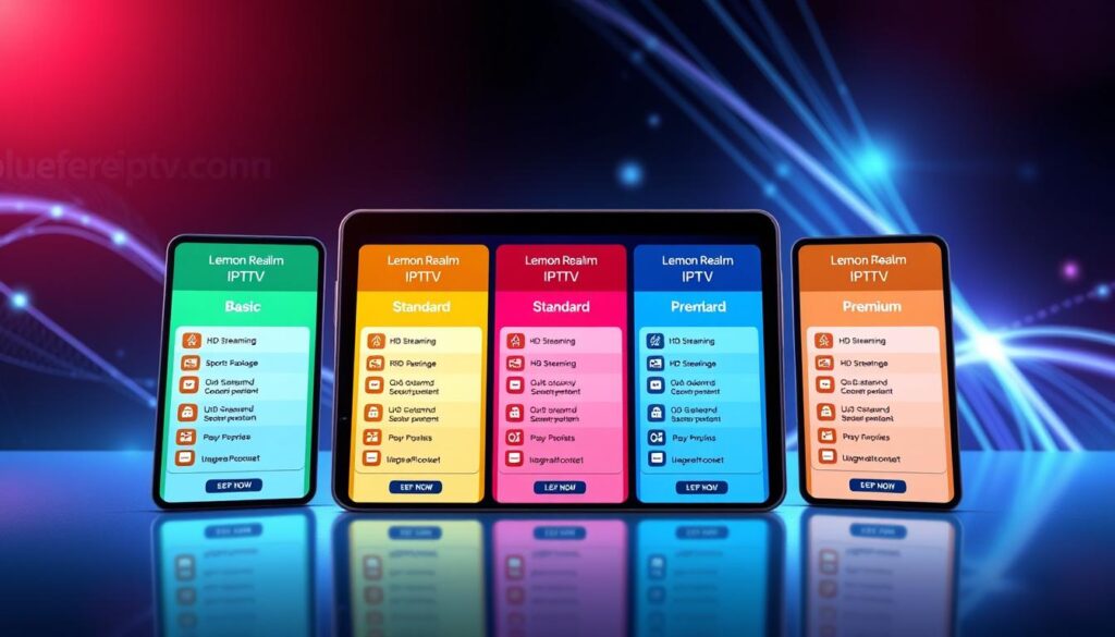 A visually engaging and modern presentation of "Lemon Realm IPTV" subscription plans and pricing, set in a sleek digital environment. In the foreground, display three distinct, colorful plan cards showcasing various pricing tiers labeled "Basic," "Standard," and "Premium," with attractive icons indicating features like "HD Streaming," "Sports Package," and "On-Demand Content." The middle ground should feature a stylish tablet or smartphone app interface displaying the subscription options vividly. The background should evoke a tech-savvy ambiance with abstract shapes and light patterns reminiscent of streaming data. Soft, cool lighting highlights the plans, creating a professional yet inviting atmosphere. Incorporate elements like a subtle logo or branding for "bluefireiptv.com" incorporated into the digital design. Maintain a clean layout, free from any text overlays or watermarks.