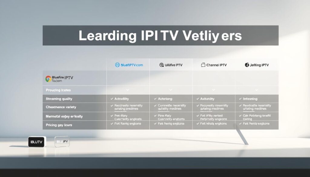 A visually engaging comparison chart of leading IPTV providers, highlighting the features and benefits of each. In the foreground, include clear icons representing popular IPTV services like bluefireiptv.com, next to symbols of streaming quality, channel variety, and pricing. The middle layer features a sleek, modern layout with semi-transparent panels differentiating each provider, set against a neutral gradient background that suggests professionalism. Soft, diffused lighting enhances the informative atmosphere, creating a sense of clarity and focus. The mood is analytical yet accessible, inviting viewers to quickly grasp the advantages of each provider. The image is well-balanced, with a clean and organized composition that avoids clutter. No text or watermarks included.