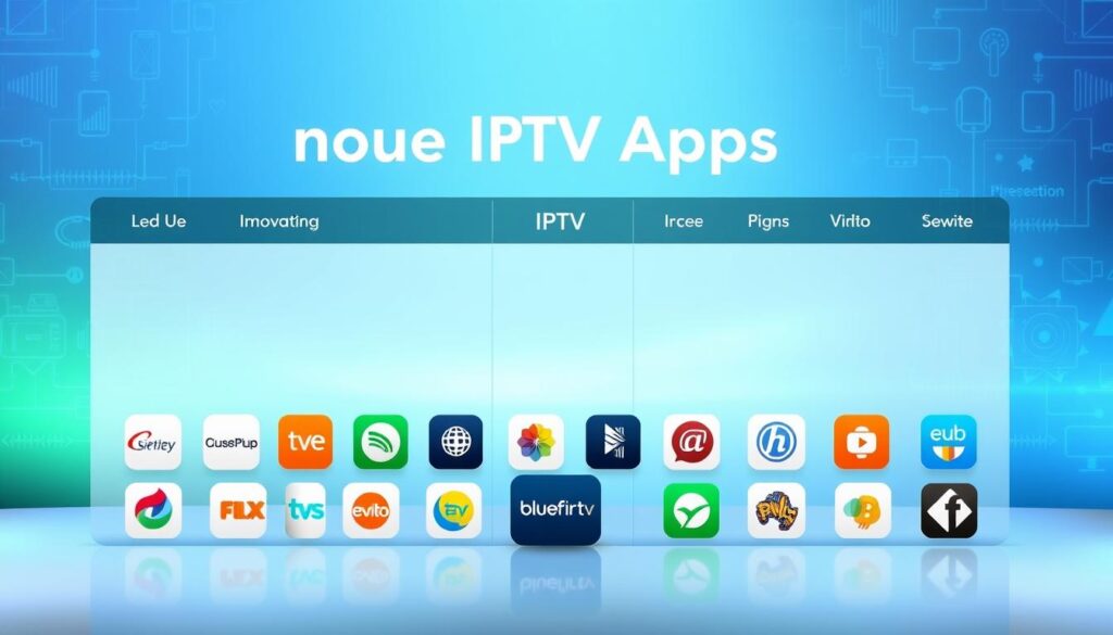 A visually engaging comparison chart of notable IPTV apps set in a sleek, modern design. In the foreground, icons representing various IPTV applications, including "bluefireiptv.com," showcased in a grid layout, each icon distinctly colored. The middle layer features a soft gradient background blending hues of blue and green, representing technology and innovation. In the backdrop, a subtle abstract pattern of streaming signals and digital motifs evokes a sense of connectivity. Bright, focused lighting highlights the icons without casting harsh shadows, creating a clean, professional look. The overall atmosphere feels informative and modern, ideal for a tech-savvy audience, encapsulating the essence of IPTV services while maintaining a polished, corporate vibe.