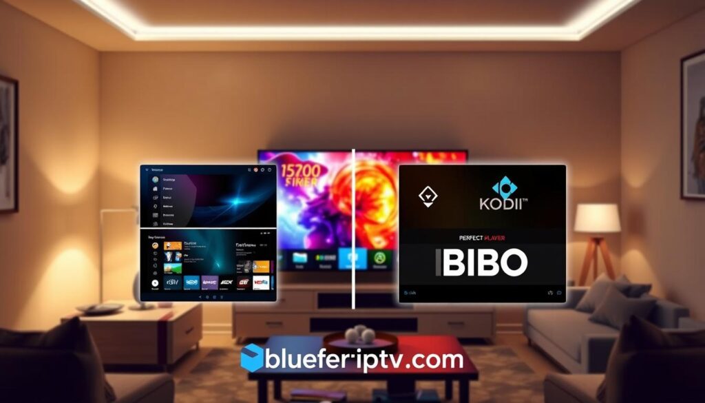 A visually engaging comparison image showcasing noteworthy IPTV players: Televizo, Kodi, Perfect Player, and IBO Player. In the foreground, display sleek, modern interface screenshots of each player, arranged artistically in a grid format. In the middle ground, illustrate a high-tech living room setting with a large flat-screen TV displaying a vibrant streaming image, casting a warm glow. The background features subtle elements like decorative furniture and LED lighting for a cozy atmosphere. Use soft, ambient lighting to create an inviting mood. The overall tone should be professional yet relatable, appealing to tech-savvy viewers. Include the bluefireiptv.com logo in a discreet manner, ensuring no text or labels are present on the image itself.