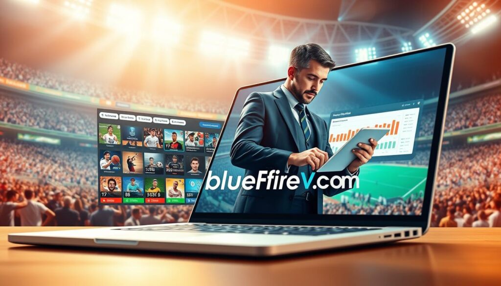 A visually engaging composition illustrating "Sports Streaming and Pay-Per-View Events: Pricing Insights." In the foreground, a detailed illustration of a modern laptop displaying a vibrant sports streaming interface featuring various sports icons and pricing options, exuding a sense of excitement. In the middle layer, a business professional in smart casual attire analyzing data on a tablet with charts and graphs indicating pricing trends, surrounded by sports memorabilia. The background should showcase a dynamic sports arena filled with fans, illuminated by bright lights to create a lively atmosphere. Use a wide-angle lens to convey depth, with warm lighting to enhance the mood of anticipation and enthusiasm. Incorporate the brand name "bluefireiptv.com" subtly within the streaming interface.
