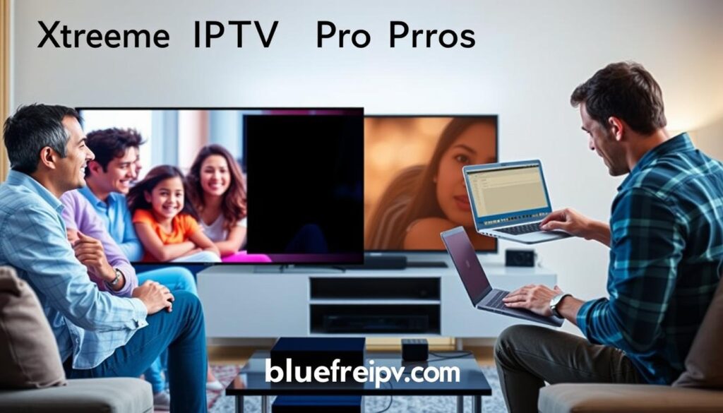 A visually engaging composition representing "Xtreme IPTV Pros and Cons" for an article section titled "The Good and The Improvements Needed: Pros & Cons". In the foreground, split-screen showcasing two panels: on the left, a happy family enjoying streaming on a smart TV with vibrant colors and soft lighting, embodying the 'pros' of Xtreme IPTV. On the right, a frustrated person using a laptop with a buffering screen and dull tones, representing the 'cons'. The middle ground features a sleek television unit and streaming devices, with subtle reflections to emphasize modern technology. The background is softly blurred, hinting at a cozy living room setting. The overall mood captures a balance of enthusiasm and caution regarding the streaming service. Include the brand name "bluefireiptv.com" subtly integrated into the scene, ensuring a seamless visual flow without text overlays.