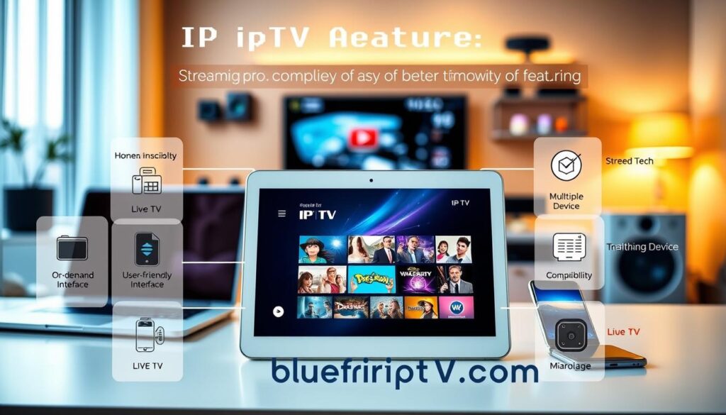 A visually engaging digital collage illustrating the key features of an IPTV Android player, centered around a sleek modern interface on a tablet displaying vibrant streaming content. In the foreground, showcase clearly defined icons representing features like "Live TV," "On-Demand," "User-Friendly Interface," and "Multiple Device Compatibility," in a harmonious, balanced layout. The middle layer features a stylish workspace, including a laptop and a smartphone, all connected to amplify the IPTV experience. The background consists of blurred home entertainment elements, like a television and sound system, illuminated by warm ambient lighting. Capture the mood of a tech-savvy environment that conveys ease of use and smooth streaming. Ensure the elements reflect the brand "bluefireiptv.com" subtly integrated into the design, without text. A visually engaging digital collage illustrating the key features of an IPTV Android player, centered around a sleek modern interface on a tablet displaying vibrant streaming content. In the foreground, showcase clearly defined icons representing features like "Live TV," "On-Demand," "User-Friendly Interface," and "Multiple Device Compatibility," in a harmonious, balanced layout. The middle layer features a stylish workspace, including a laptop and a smartphone, all connected to amplify the IPTV experience. The background consists of blurred home entertainment elements, like a television and sound system, illuminated by warm ambient lighting. Capture the mood of a tech-savvy environment that conveys ease of use and smooth streaming. Ensure the elements reflect the brand "bluefireiptv.com" subtly integrated into the design, without text.