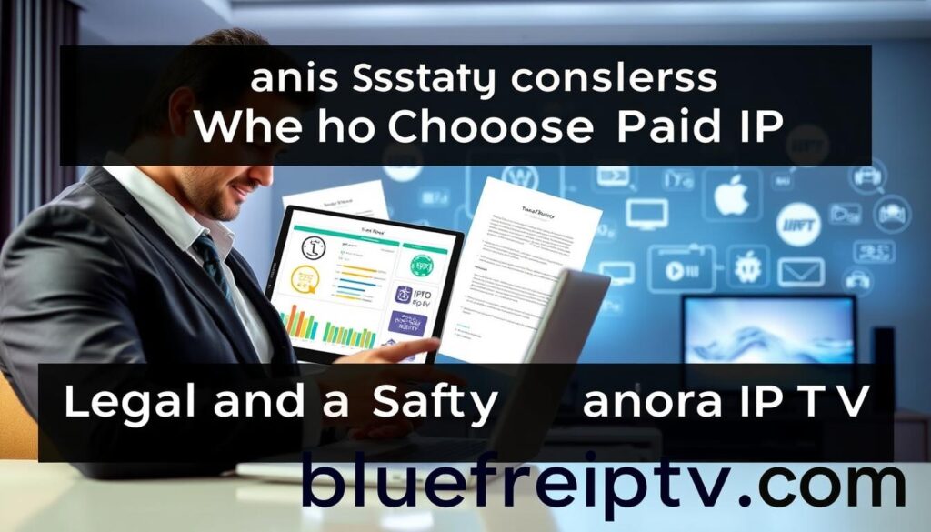 A visually engaging image showcasing the theme of "Legal and Safety Considerations When Choosing Paid IPTV." In the foreground, a professional-looking person in business attire examines a laptop, with charts and graphs indicating legal compliance and safety ratings on the screen. In the middle ground, a stylish office setting with documents labeled "Terms of Service" and "Privacy Policy," illustrating the importance of legal aspects. In the background, an abstract representation of streaming services, including icons of various devices such as TVs and smartphones, emphasizing modern technology. Soft, ambient lighting creates a professional yet inviting atmosphere, suggesting trust and careful deliberation. The brand name "bluefireiptv.com" subtly integrated into the design, reinforcing the focus on reputable IPTV services.