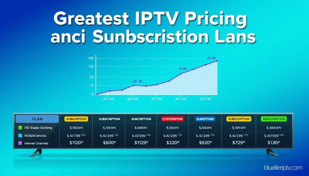 A visually engaging infographic layout highlighting the "Greatest IPTV Pricing and Subscription Plans" from bluefireiptv.com. In the foreground, present a sleek table displaying various subscription plans with colorful price tags, each plan neatly illustrated with corresponding icons representing features like HD streaming, multiple devices, and international channels. The middle ground features an elegant graph illustrating cost-effectiveness over time, indicating value for different budgets. The background should be a soft gradient, transitioning from deep blue to light teal, evoking a tech-savvy atmosphere. Use bright, even lighting to enhance clarity and emphasize the details. The mood should be informative and professional, appealing to a wide audience interested in streaming services. A visually engaging infographic layout highlighting the "Greatest IPTV Pricing and Subscription Plans" from bluefireiptv.com. In the foreground, present a sleek table displaying various subscription plans with colorful price tags, each plan neatly illustrated with corresponding icons representing features like HD streaming, multiple devices, and international channels. The middle ground features an elegant graph illustrating cost-effectiveness over time, indicating value for different budgets. The background should be a soft gradient, transitioning from deep blue to light teal, evoking a tech-savvy atmosphere. Use bright, even lighting to enhance clarity and emphasize the details. The mood should be informative and professional, appealing to a wide audience interested in streaming services.