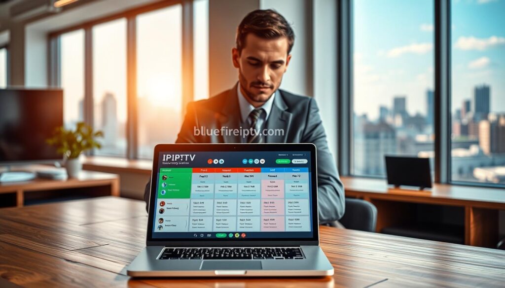 A visually engaging overview of IPTV subscription plans, set in a modern, sleek office environment. In the foreground, a stylish wooden desk displays a laptop open to a colorful dashboard of IPTV subscription options, showcasing various plans with icons representing different channels and features. The middle-ground features a professional-looking individual in business attire, intently reviewing the plan details on the laptop. In the background, a window reveals a vibrant city skyline, with soft sunlight streaming in, casting warm, inviting light throughout the scene. The atmosphere is focused and analytical, conveying a sense of decision-making and value evaluation. Include the brand name "bluefireiptv.com" subtly displayed on the laptop screen, ensuring no text overlays or watermarks detract from the image. A visually engaging overview of IPTV subscription plans, set in a modern, sleek office environment. In the foreground, a stylish wooden desk displays a laptop open to a colorful dashboard of IPTV subscription options, showcasing various plans with icons representing different channels and features. The middle-ground features a professional-looking individual in business attire, intently reviewing the plan details on the laptop. In the background, a window reveals a vibrant city skyline, with soft sunlight streaming in, casting warm, inviting light throughout the scene. The atmosphere is focused and analytical, conveying a sense of decision-making and value evaluation. Include the brand name "bluefireiptv.com" subtly displayed on the laptop screen, ensuring no text overlays or watermarks detract from the image.
