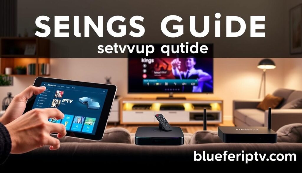 A visually engaging setup guide for Kings IPTV on various devices, featuring an array of devices like smart TVs, tablets, and streaming boxes in a modern living room setting. In the foreground, show a close-up of a tablet displaying the Kings IPTV interface, with a hand interacting with it, dressed in smart casual attire. In the middle ground, arrange a sleek smart TV with an IPTV setup screen and remote control alongside a stylish streaming box, illuminated by soft, warm lighting that creates a welcoming atmosphere. In the background, provide a cozy living space with comfortable seating and ambient lighting, emphasizing a tech-savvy lifestyle. Highlight the brand "bluefireiptv.com" subtly integrated into the design elements.