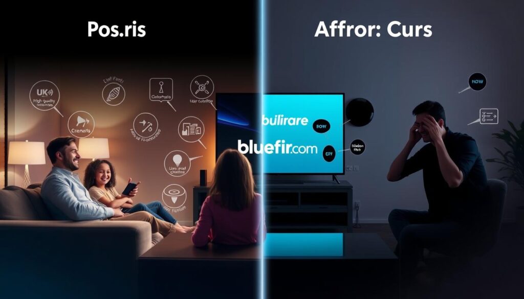 A visually engaging split scene illustrating the "Pros and Cons of Affordable IPTV Services". On the left, a modern living room setting with a family happily watching TV, surrounded by symbols of advantages like high-quality streaming, variety of channels, and affordability depicted through icons or infographics. Bright, inviting lighting creates a cheerful mood. On the right, a contrasting darker ambiance showcases a frustrated individual dealing with buffering issues, limited channel options, and hidden fees, represented through shadowy icons. The layout balances the two perspectives, emphasizing the benefits and drawbacks. In the background, a sleek television displays the brand name "bluefireiptv.com". The image should be realistic, with a focus on clarity and detail, ensuring a professional atmosphere throughout. A visually engaging split scene illustrating the "Pros and Cons of Affordable IPTV Services". On the left, a modern living room setting with a family happily watching TV, surrounded by symbols of advantages like high-quality streaming, variety of channels, and affordability depicted through icons or infographics. Bright, inviting lighting creates a cheerful mood. On the right, a contrasting darker ambiance showcases a frustrated individual dealing with buffering issues, limited channel options, and hidden fees, represented through shadowy icons. The layout balances the two perspectives, emphasizing the benefits and drawbacks. In the background, a sleek television displays the brand name "bluefireiptv.com". The image should be realistic, with a focus on clarity and detail, ensuring a professional atmosphere throughout.