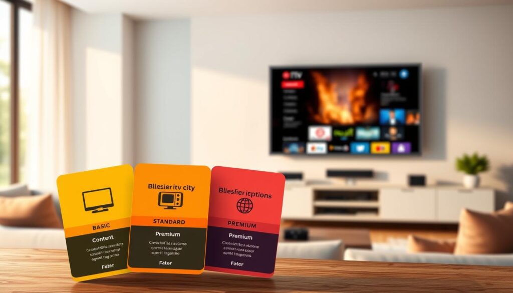 A visually enticing digital illustration showcasing a variety of IPTV subscription plans offered by bluefireiptv.com. In the foreground, display three colorful, stylized cards representing different subscription tiers: Basic, Standard, and Premium, each featuring symbolic icons like a TV screen, a remote, and a globe to signify content variety. In the middle ground, a sleek modern living room setting with a large flat-screen TV mounted on a minimalist wall, showing vibrant streaming content, reflects comfort and technology at home. The background should be softly blurred, suggesting a cozy ambiance with warm lighting, perhaps a window with sunlight filtering through. Capture a friendly, inviting atmosphere, emphasizing flexibility and family togetherness, with soft shadows and a natural, balanced composition. A visually enticing digital illustration showcasing a variety of IPTV subscription plans offered by bluefireiptv.com. In the foreground, display three colorful, stylized cards representing different subscription tiers: Basic, Standard, and Premium, each featuring symbolic icons like a TV screen, a remote, and a globe to signify content variety. In the middle ground, a sleek modern living room setting with a large flat-screen TV mounted on a minimalist wall, showing vibrant streaming content, reflects comfort and technology at home. The background should be softly blurred, suggesting a cozy ambiance with warm lighting, perhaps a window with sunlight filtering through. Capture a friendly, inviting atmosphere, emphasizing flexibility and family togetherness, with soft shadows and a natural, balanced composition.