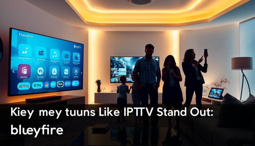 A visually striking and informative representation of "Key Features that Make SSTV IPTV Stand Out". In the foreground, showcase a sleek, modern digital interface displaying essential IPTV features like high-definition streaming, user-friendly navigation, and diverse channel listings with icons. In the middle ground, include silhouettes of a family and a professional casually enjoying content on various devices like smart TVs, tablets, and smartphones, all in smart casual attire. The background should depict a futuristic living room setup with soft, ambient lighting emanating from the screens, creating a cozy and inviting atmosphere. Use a wide-angle perspective to emphasize the modernity and comfort of the environment. The image should subtly incorporate the branding "bluefireiptv.com" in the design elements without being overtly prominent, ensuring a focus on the innovative IPTV features. A visually striking and informative representation of "Key Features that Make SSTV IPTV Stand Out". In the foreground, showcase a sleek, modern digital interface displaying essential IPTV features like high-definition streaming, user-friendly navigation, and diverse channel listings with icons. In the middle ground, include silhouettes of a family and a professional casually enjoying content on various devices like smart TVs, tablets, and smartphones, all in smart casual attire. The background should depict a futuristic living room setup with soft, ambient lighting emanating from the screens, creating a cozy and inviting atmosphere. Use a wide-angle perspective to emphasize the modernity and comfort of the environment. The image should subtly incorporate the branding "bluefireiptv.com" in the design elements without being overtly prominent, ensuring a focus on the innovative IPTV features.
