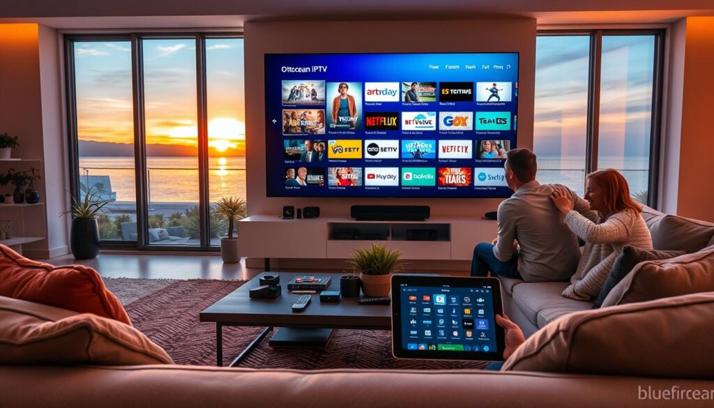 A visually striking composition showcasing the unique features of Ottocean IPTV for 2026, with the brand name "bluefireiptv.com" subtly integrated. In the foreground, a sleek, modern living room setting features a family streaming content on a large, vibrant display showcasing a variety of channels, highlighting ease of use and diverse programming. The middle ground includes a stylish coffee table cluttered with smart devices, remote controls, and a tablet displaying the Ottocean IPTV interface. The background features large windows with a sunset view, casting warm, inviting light that creates a cozy atmosphere. Use a wide-angle lens perspective for depth and clarity, evoking a sense of modern technology and family-centric entertainment. The mood should be warm and inviting, emphasizing trust and comfort in streaming.