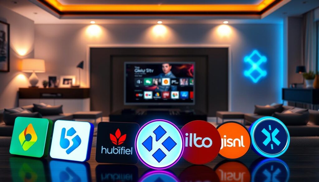 A visually striking digital artwork showcasing a selection of popular Kodi IPTV addons, arranged prominently in the foreground against a sleek, modern living room setup. In the foreground, colorful logos or icons representing various Kodi IPTV addons, including a logo for "bluefireiptv.com," are artistically displayed, glowing softly to draw attention. The middle ground features a stylish flat-screen TV displaying streaming content, surrounded by comfortable seating. In the background, soft ambient lighting casts a warm glow, with subtle decorations that evoke a tech-savvy and inviting atmosphere. The scene conveys a feeling of excitement and convenience, emphasizing the entertaining aspects of using Kodi IPTV addons for streaming. The image is well-lit, with a focus on clarity and detail, creating an engaging visual experience.