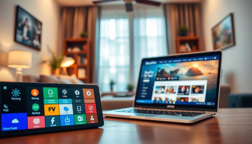 A visually striking image showcasing the key features of an IPTV Windows Player. In the foreground, a sleek modern interface with vibrant icons representing various features like live streaming, channel guide, and recording options. In the middle ground, an elegant laptop displaying the bluefireiptv.com website, emphasizing user-friendly navigation. The background features a cozy home environment with warm lighting, creating an inviting atmosphere for entertainment. Use a wide-angle lens to capture the depth of the scene, highlighting the contrast between technology and comfort. Soft, ambient lighting enhances the inviting mood, while a subtle bokeh effect adds focus to the IPTV interface and laptop, making it the focal point of the composition.