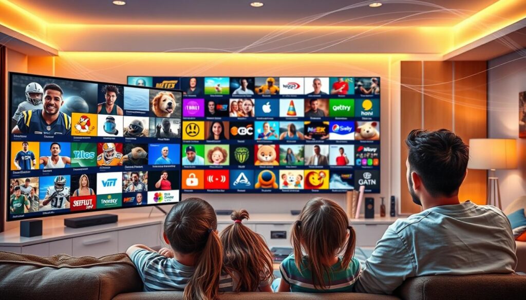 A visually striking overview of a wide range of IPTV channels featuring a montage of various genres such as sports, movies, documentaries, and children's programming. The foreground showcases diverse viewers, including a family and a young adult, engaged with a large, modern TV displaying a vibrant user interface of channel icons. In the middle ground, a cozy living room setting is enriched with comfortable furniture and warm lighting, creating an inviting atmosphere. The background features abstract elements representing digital streaming, like flowing lines of data or signal waves. The scene invokes a sense of excitement and accessibility, embodying the concept of “bluefireiptv.com” as a source of entertainment for every viewer. The overall mood is engaging and dynamic, with bright colors and a high-resolution look to enhance the appeal. A visually striking overview of a wide range of IPTV channels featuring a montage of various genres such as sports, movies, documentaries, and children's programming. The foreground showcases diverse viewers, including a family and a young adult, engaged with a large, modern TV displaying a vibrant user interface of channel icons. In the middle ground, a cozy living room setting is enriched with comfortable furniture and warm lighting, creating an inviting atmosphere. The background features abstract elements representing digital streaming, like flowing lines of data or signal waves. The scene invokes a sense of excitement and accessibility, embodying the concept of “bluefireiptv.com” as a source of entertainment for every viewer. The overall mood is engaging and dynamic, with bright colors and a high-resolution look to enhance the appeal.