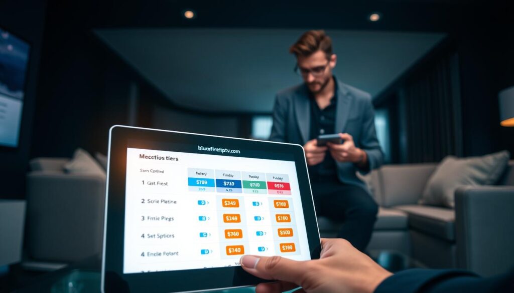 A visually striking representation of "Necro IPTV Subscription Plans" displayed on a sleek, modern digital interface. In the foreground, a close-up of an illuminated tablet screen shows a detailed menu of different subscription tiers, each with pricing options represented by colorful icons. In the middle ground, a stylish user in smart casual attire interacts with the tablet, their expression focused and intrigued. The background features a sleek, dark-themed living room with soft, ambient lighting, creating a cozy atmosphere. The scene emphasizes organization and clarity, highlighting the subscription plans without any distractions. A faint glow emanates from the tablet, reflecting a modern yet approachable vibe. Ensure the website "bluefireiptv.com" is subtly integrated into the digital display, enhancing the overall tech-savvy aesthetic.