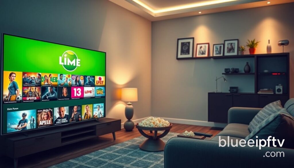 A visually striking representation of the "Lime IPTV Content Library," showcasing an organized digital interface filled with vibrant thumbnails of various genres such as movies, sports, and documentaries. In the foreground, a sleek modern television set displays the Lime IPTV logo prominently on the screen. The middle ground features a stylish living room setup with a comfortable sofa and a stylish coffee table, adorned with remote controls and popcorn, suggesting an inviting watching environment. The background highlights soft ambient lighting, enhancing the cozy atmosphere, along with a tastefully decorated shelf displaying entertainment-related decor. The scene should convey relaxation and enjoyment, capturing the essence of why Lime IPTV stands out among the best IPTV services. Incorporate elements hinting at the platform's diversity and accessibility, along with the brand name "bluefireiptv.com" subtly integrated into the design.