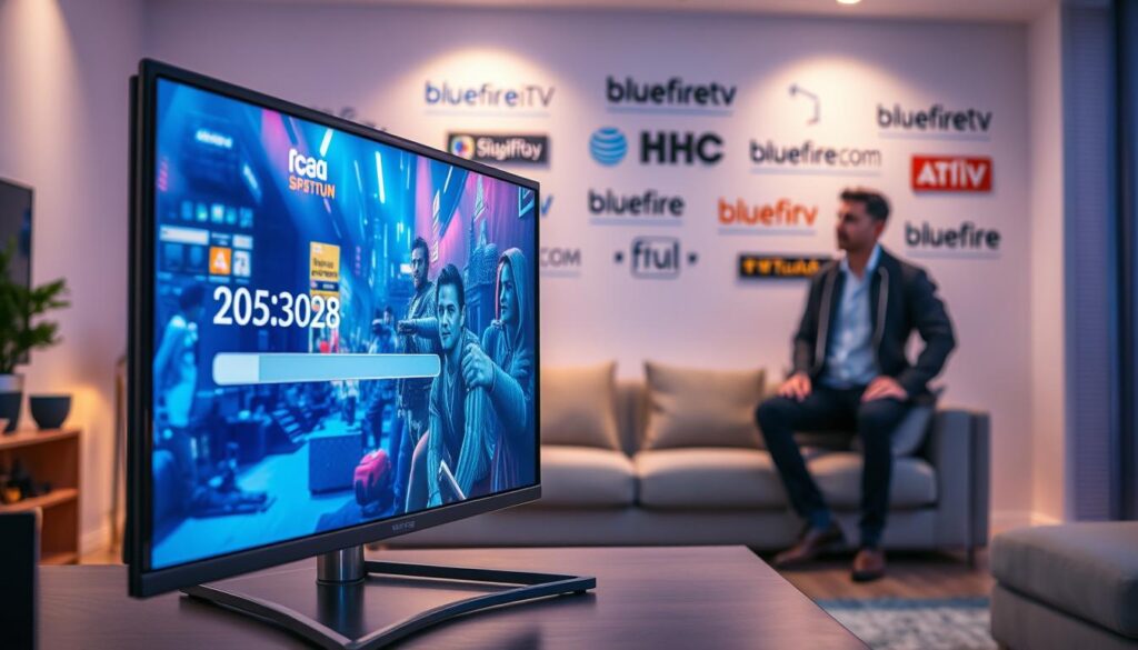 A visually striking scene depicting the concept of "Playback Quality and Buffering Performance" in IPTV streaming. In the foreground, a sleek modern monitor displays vivid visuals of a high-definition movie scene, showcasing crisp colors and sharp details, while a buffering icon hovers subtly in one corner, indicating streaming performance. In the middle ground, a stylishly designed living room setting features a comfortable couch and a tech-savvy individual in smart casual attire, attentively observing the screen. The background shows a soft-focus wall adorned with streaming service logos, including the prominent "bluefireiptv.com." The atmosphere is warm and inviting, illuminated by ambient lighting that creates a cozy, engaging mood. Use a wide-angle lens to capture the entire room, emphasizing the connection between technology and home entertainment.