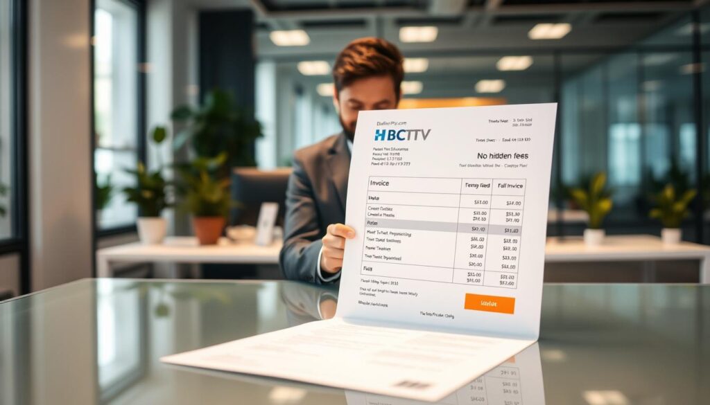 An artistic representation of transparent billing for BC IPTV, highlighting a professional, modern office environment. In the foreground, a clean, sleek glass table shows a digital invoice displaying clear itemization of services with no hidden fees, featuring the brand name "bluefireiptv.com." The middle layer includes a focused shot of a business professional, dressed in business attire, reviewing the invoice with a satisfied expression, symbolizing trust and transparency. The background reveals a well-organized workspace with a computer and indoor plants, suggesting a calm atmosphere. Soft lighting illuminates the scene, creating a warm, inviting mood. The angle is slightly above eye level, emphasizing the clarity of the invoice and the professionalism of the setting.