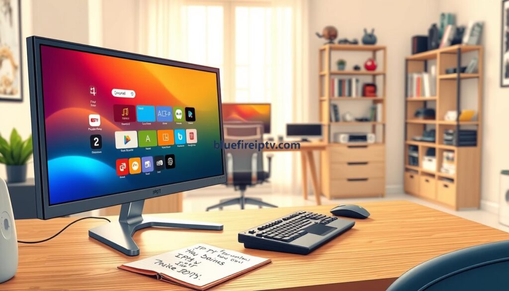 An illustrated overview of top IPTV Windows players, featuring a sleek, modern desktop setup in a well-lit home office. In the foreground, showcase a high-resolution monitor displaying a vibrant IPTV interface, with colorful channel icons and a user-friendly design. Surround the monitor with essential tools like a wireless keyboard, a mouse, and a notepad with notes on IPTV features. In the middle ground, include a stylish wooden desk and a comfortable office chair, emphasizing a professional atmosphere. In the background, add shelves containing tech gadgets and books about IPTV streaming. Use soft lighting to create a welcoming ambiance, captured with a slightly elevated angle to enhance the depth. The branding "bluefireiptv.com" subtly placed within the scene.