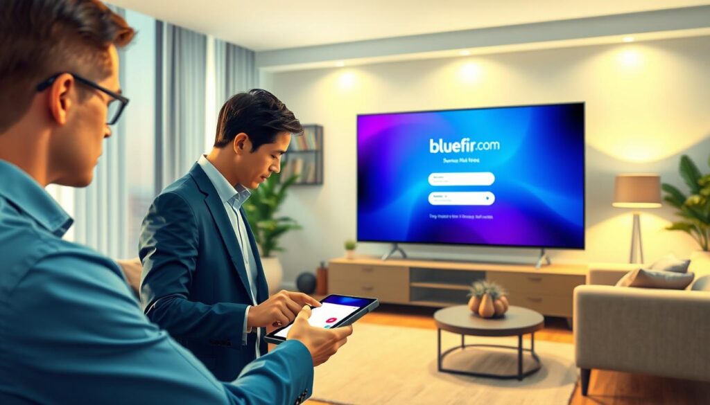 An illustration of the IPTV log-in process in a modern, sleek environment. In the foreground, a user in professional business attire interacts with a high-tech device, entering login credentials with focused concentration. The middle layer features a vibrant digital interface displaying an IPTV login screen, complete with username and password fields, set against a backdrop of a cozy living room with contemporary furnishings and soft ambient lighting. The background shows a large smart TV displaying the home page of "bluefireiptv.com," subtly blending with the room's decor. The overall mood is informative and inviting, emphasizing ease of use and accessibility. Use bright, inviting colors to create a welcoming atmosphere, and ensure the lighting suggests a late afternoon glow, enhancing the sense of home and comfort.
