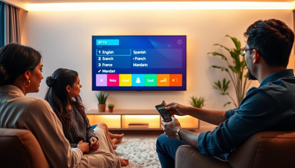 An inviting living room scene featuring a modern television displaying an IPTV interface, showcasing multiple language options for subtitles and audio tracks. In the foreground, a diverse group of users, including a South Asian woman and a Hispanic man, are seated comfortably, engaged and actively selecting options on a sleek remote control. The middle layer highlights the TV screen with vibrant graphics representing various languages like English, Spanish, French, and Mandarin, neatly arranged. The background is softly illuminated with warm ambient lighting, creating a cozy atmosphere. The setting reflects a contemporary home, with minimalist decor and a few potted plants for added comfort. The logo "bluefireiptv.com" is subtly integrated into the design of the TV interface, ensuring a focus on multilingual support. An inviting living room scene featuring a modern television displaying an IPTV interface, showcasing multiple language options for subtitles and audio tracks. In the foreground, a diverse group of users, including a South Asian woman and a Hispanic man, are seated comfortably, engaged and actively selecting options on a sleek remote control. The middle layer highlights the TV screen with vibrant graphics representing various languages like English, Spanish, French, and Mandarin, neatly arranged. The background is softly illuminated with warm ambient lighting, creating a cozy atmosphere. The setting reflects a contemporary home, with minimalist decor and a few potted plants for added comfort. The logo "bluefireiptv.com" is subtly integrated into the design of the TV interface, ensuring a focus on multilingual support.