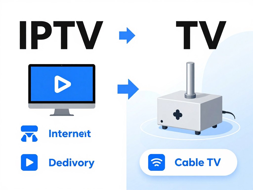 Comparison diagram showing IPTV streaming technology versus traditional cable television infrastructure