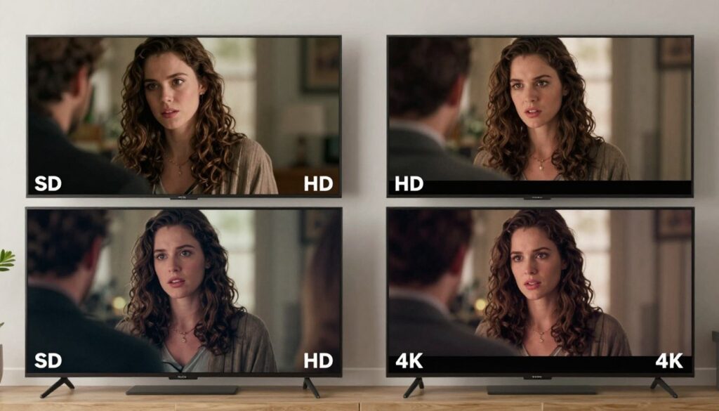 Comparison of streaming quality levels from SD to 4K on large screen TV