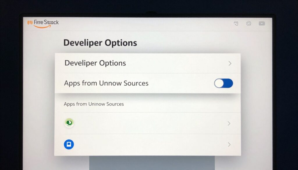 Firestick settings screen showing developer options and unknown sources toggle