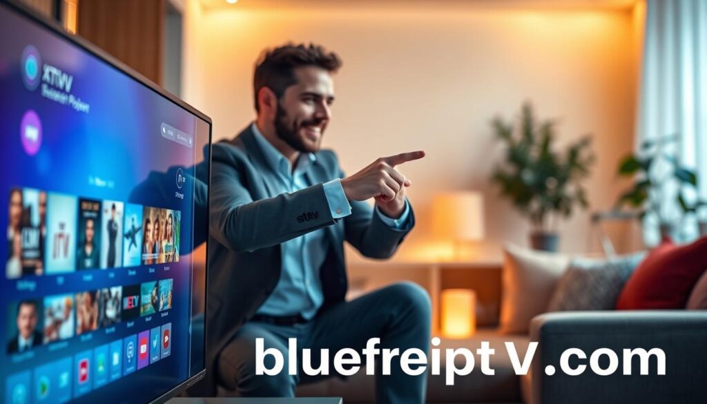 Foreground: A sleek, modern digital interface showcasing the Smart IPTV Xtream Player on a large, vibrant screen. The interface features easy navigation icons, colorful thumbnails of shows, and smooth scrolling elements that invite interaction. Middle: A professional user, dressed in a smart casual outfit, interacts with the interface, pointing at the screen with a look of concentration and satisfaction. The user is seated comfortably in a cozy living room setting, surrounded by stylish decor. Background: Soft ambient lighting creates a warm and welcoming atmosphere, with dimmable LED lights and a hint of greenery in the background. A subtle bokeh effect blurs out the background, emphasizing the user-friendly features of the app interface. The brand "bluefireiptv.com" is subtly integrated into the design of the application interface.