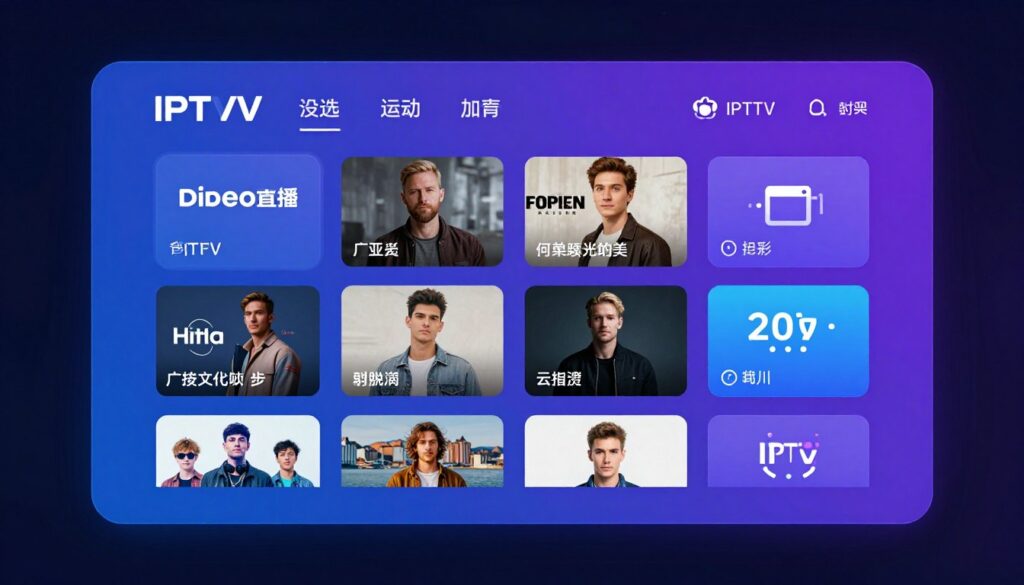 Futuristic IPTV interface with AI-powered recommendations and advanced features