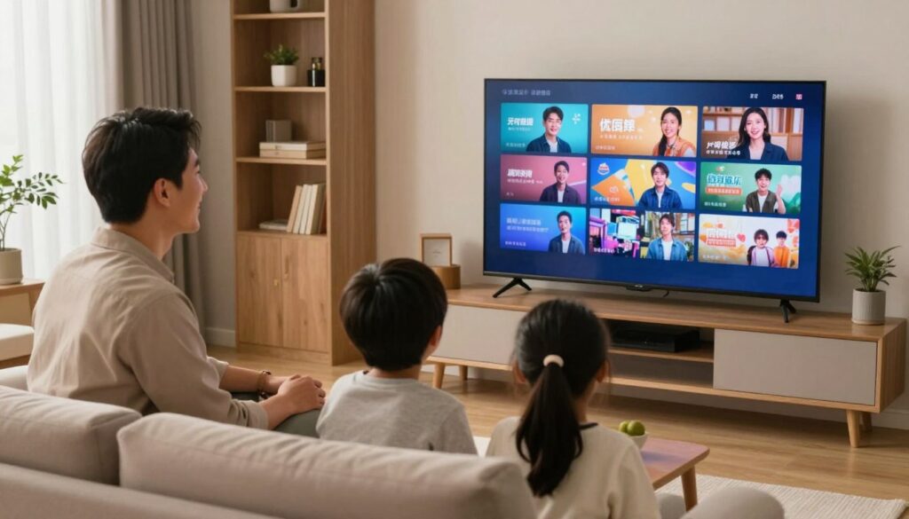 Happy family enjoying IPTV content together on large screen TV in living room