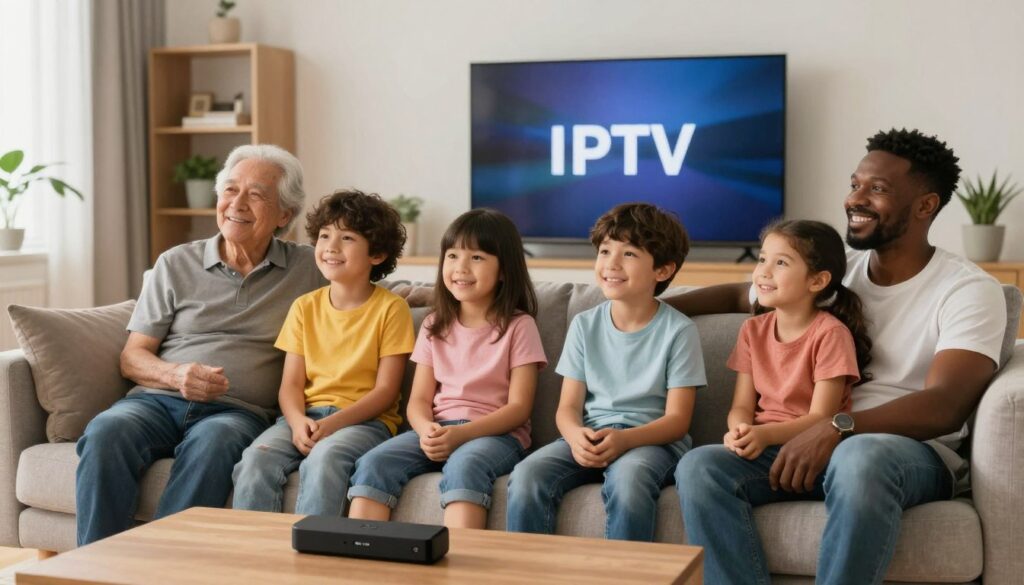 Happy family enjoying premium IPTV streaming together on their Firestick device