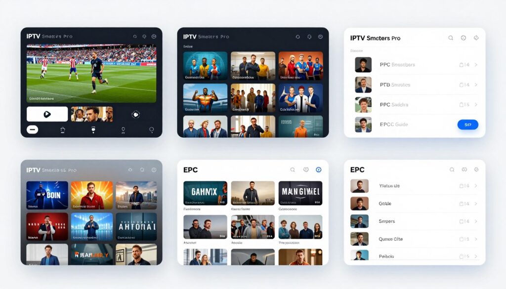 IPTV Smarters Pro features showcase with multiple content categories displayed