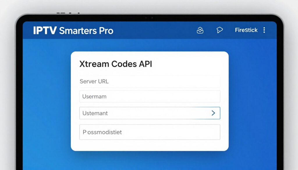 IPTV Smarters Pro login screen with Xtream Codes API configuration on Firestick